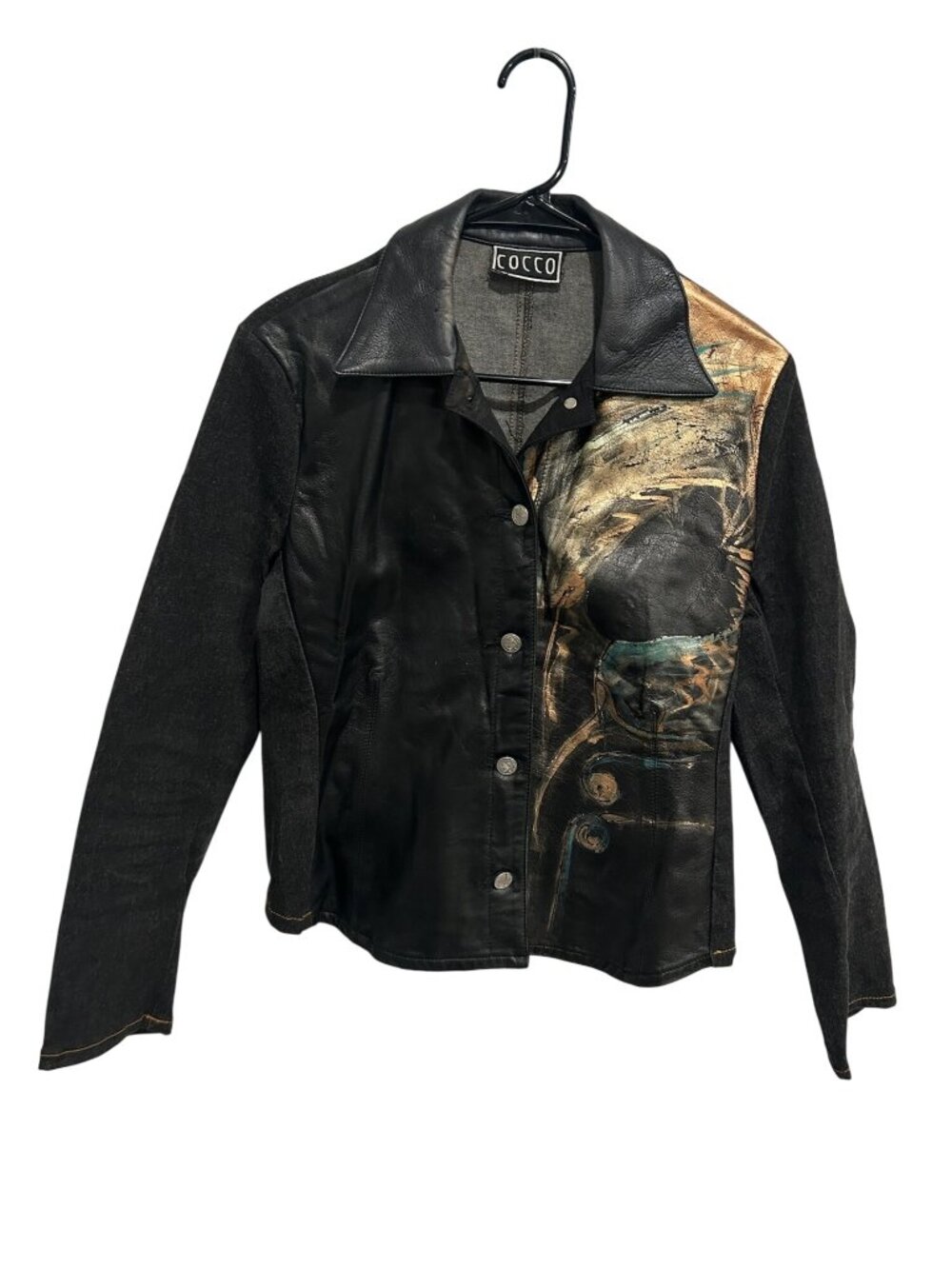 Vintage Cocco Black Denim Leather Painted Abstract Jacket Size 16 Retro Art